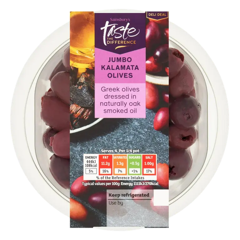 Jumbo Kalamata Olives with Oak Smoked Oil, Taste the Difference 160g