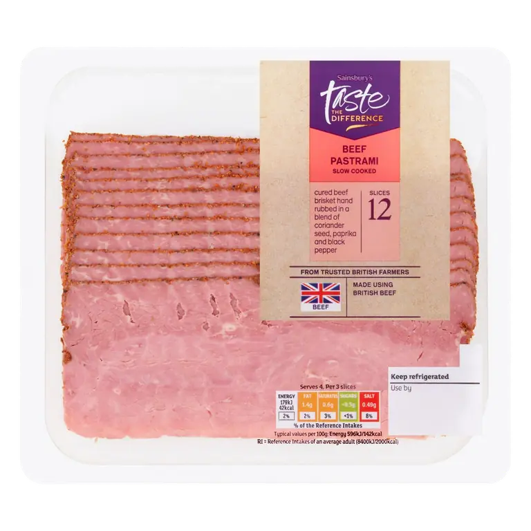 Lightly Seasoned Cooked British Beef Brisket Pastrami, Taste the Difference 120g
