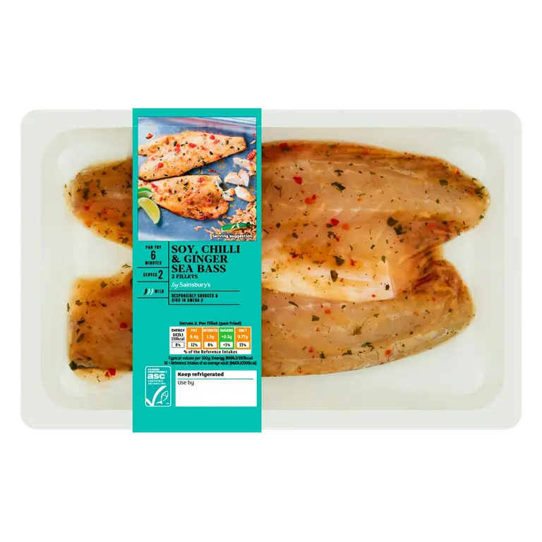 Sea Bass Fillets ASC with Soy, Chilli and Ginger x2 205g