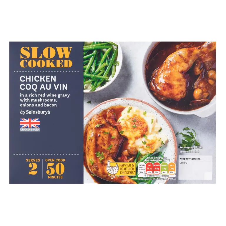 Slow Cooked British Chicken Coq au Vin a Rich Red Wine Gravy with Mushrooms, Onions, & Bacon 620g (serves x2)
