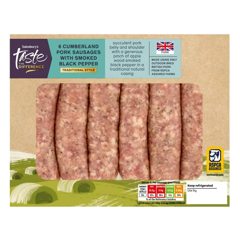Taste the Difference 6 Cumberland Pork Sausages with Smoked Black Pepper 454g