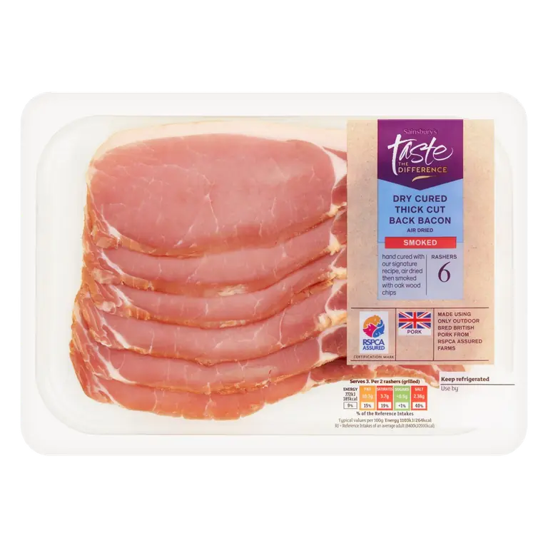 Thick Cut Back Bacon Rashers Air Dried Smoked, Taste the Difference x6 300g