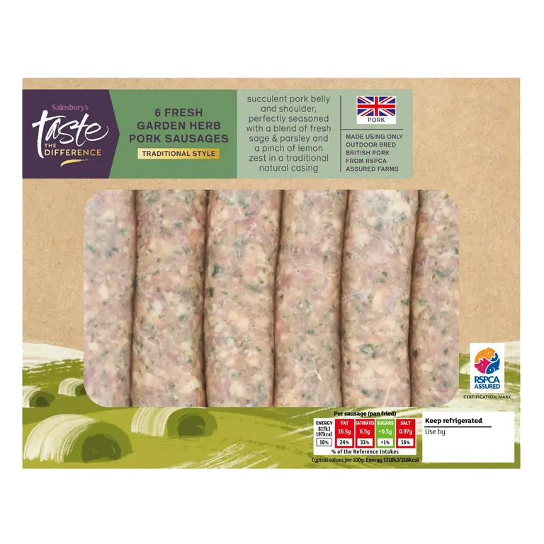 Traditional Style Fresh Garden Herb British Pork Sausages, Taste the Difference x6 454g