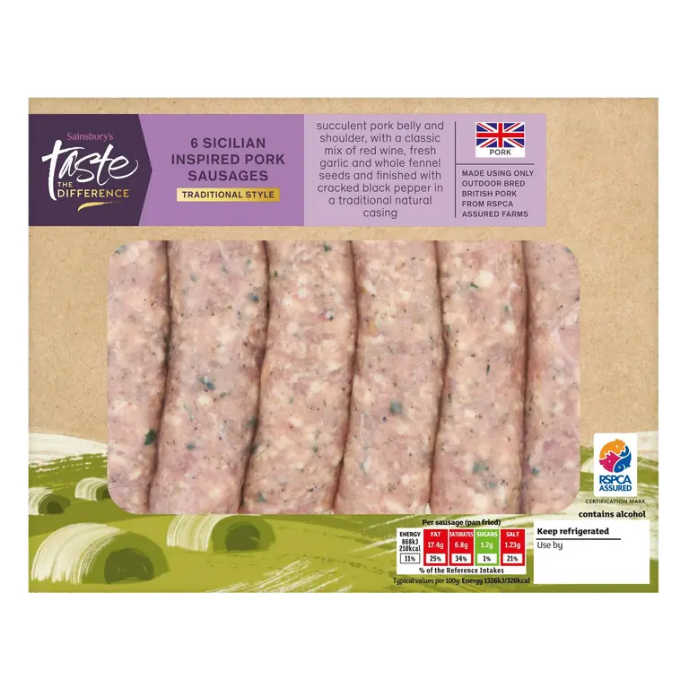 Traditional Style Sicilian Inspired British Pork Sausages, Taste the Difference x6 454g