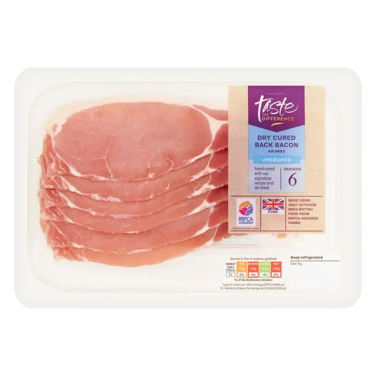 Unsmoked Air Dried Dry Cured Back Bacon Rashers, Taste the Difference x6 220g