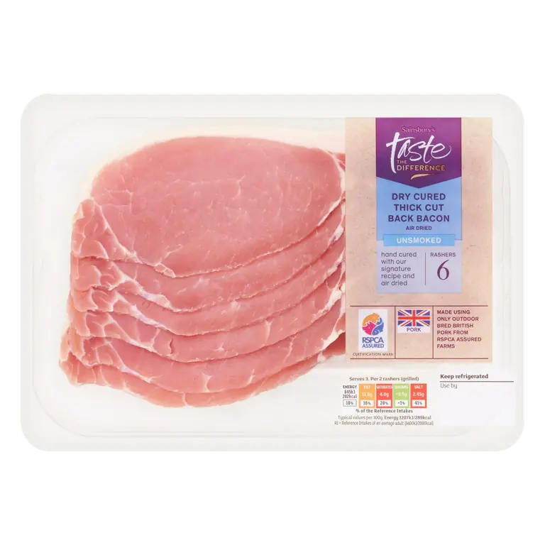 Unsmoked Air Dried Thick Cut Back Bacon Rashers, Taste the Difference x6 300g
