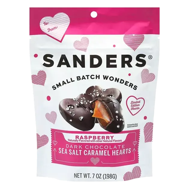Sea Salt Caramel Hearts, Raspberry, Dark Chocolate