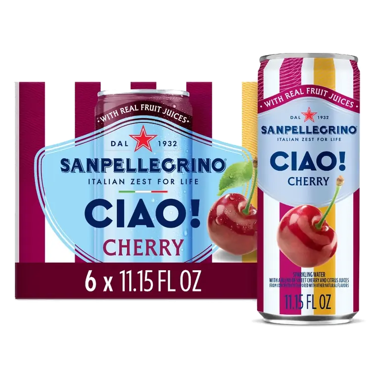 Sanpellegrino CIAO! Cherry Flavored Sparkling Water with Real Fruit Juices, 6pk/11.15 fl oz Cans: No Added Sugar, Fat Free