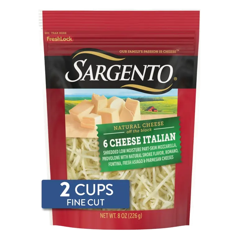 6 Cheese Italian Shredded Low Moisture Part-Skim Mozzarella, Provolone with Smoke Flavor, Romano, Fontina, Fresh Asiago & Parmesan Natural Cheeses, 6 Cheese Italian