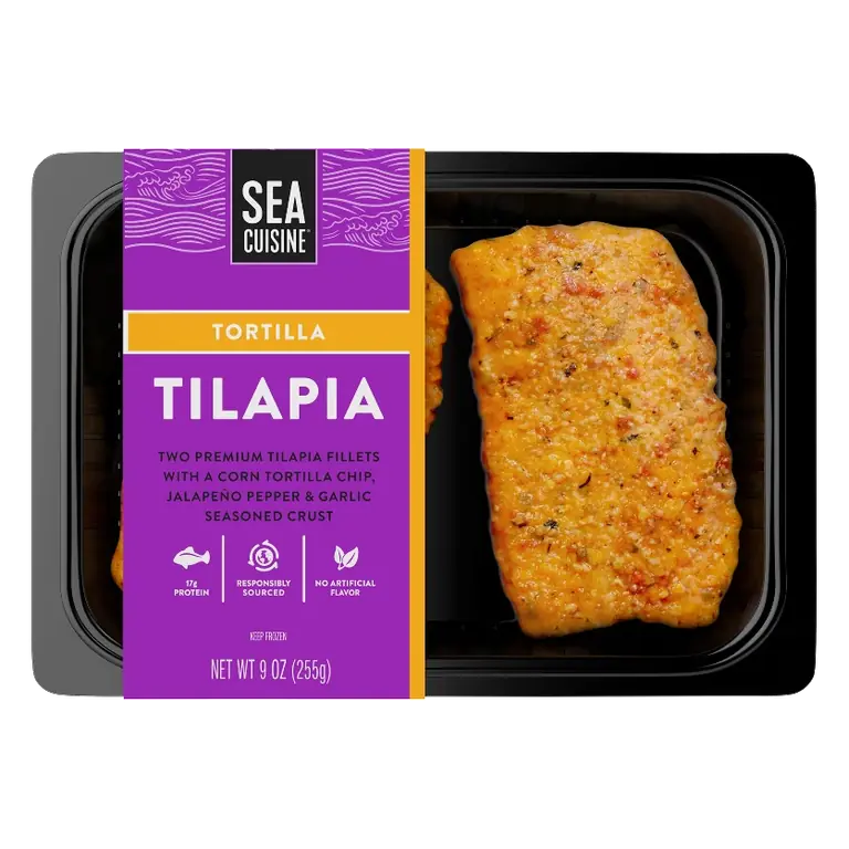 Tortilla Tilapia Two Premium Tilapia Fillets with a Corn Tortilla Chip, Jalapeno Pepper & Garlic Seasoned Crust