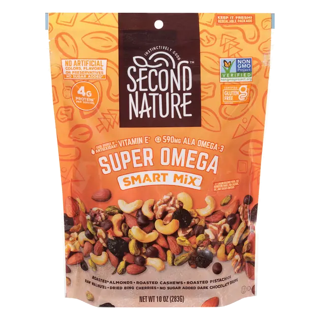 Super Omega Roasted Almonds, Roasted Cashews, Roasted Pistachios, Raw Walnuts, Dried Bing Cherries, No Sugar Dark Chocolaty Drops Smart Mix