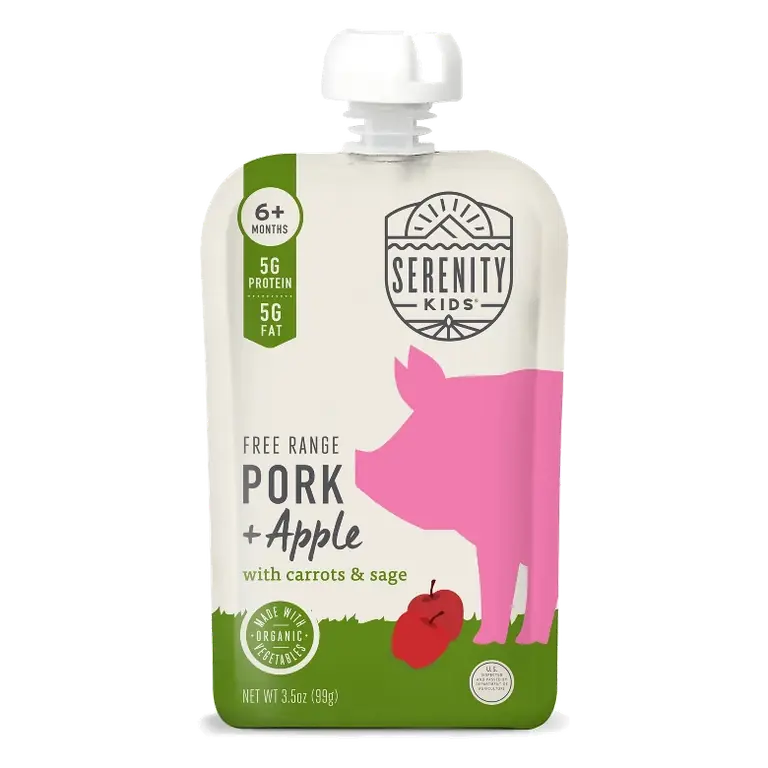 Serenity Kids Free Range Pork and Apple with Organic Carrots and Sage Baby Food Pouch, 3.5oz: High Protein, 6 Months & Up, 2nd Stage