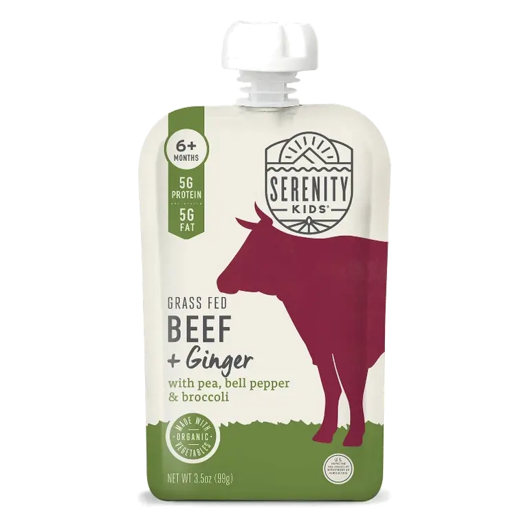 Serenity Kids Grass Fed Beef and Ginger with Organic Pea, Bell Pepper & Broccoli Baby Food Pouch, 3.5oz: 6 Months and Up, 2nd Stage