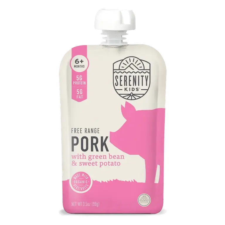 Serenity Kids Free Range Pork with Organic Green Beans and Sweet Potato Baby Food Pouch, 3.5oz: High Protein, 6 Months and Up, 2nd Stage