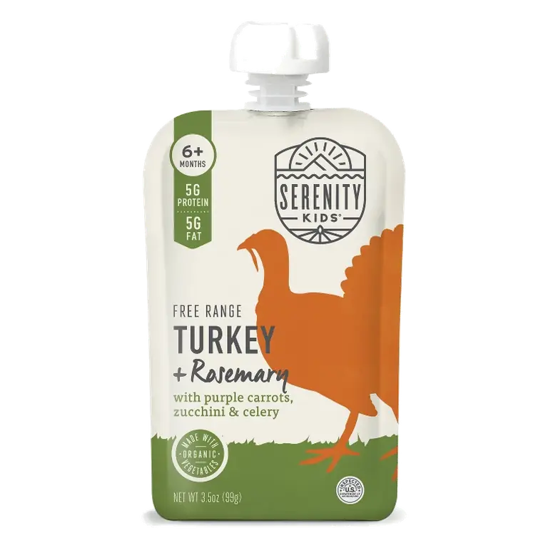Serenity Kids Free Range Turkey & Rosemary: Gluten-Free, High Protein Pureed Baby Meal, Dairy-Free Pouch, 3.5oz