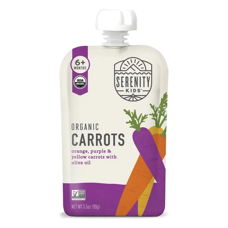 Serenity Kids Organic Carrots with Organic Olive Oil Baby Food Pouch, 3.5oz: 6 Months and Up, Gluten-Free, Dairy-Free, No Added Sugar