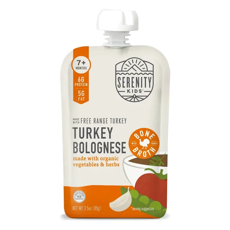 Serenity Kids Turkey Bolognese with Bone Broth Baby Food Pouch, 3.5oz: Age 6 Months+, High Protein, 2nd Stage, Ready to Eat