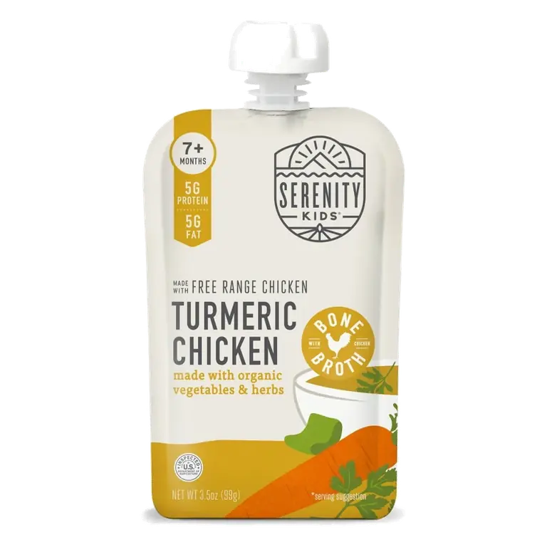 Serenity Kids Turmeric Chicken with Organic Vegetables, Herbs & Bone Broth Baby Food Pouch, 3.5oz: Age 6 Months+, Gluten-Free, No Added Sugar