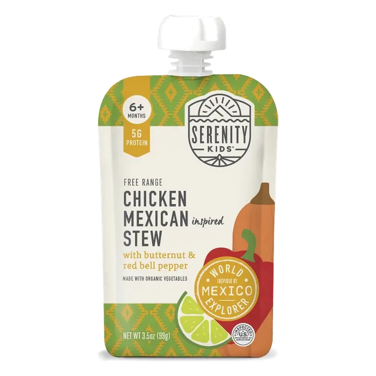 Serenity Kids World Explorer Free Range Chicken Mexican Inspired Stew with Organic Vegetables Baby Food Pouch, 3.5oz