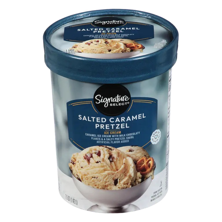 Salted Caramel Pretzel Caramel Ice Cream with Milk Chocolaty Flakes & a Salty Pretzel Swirl