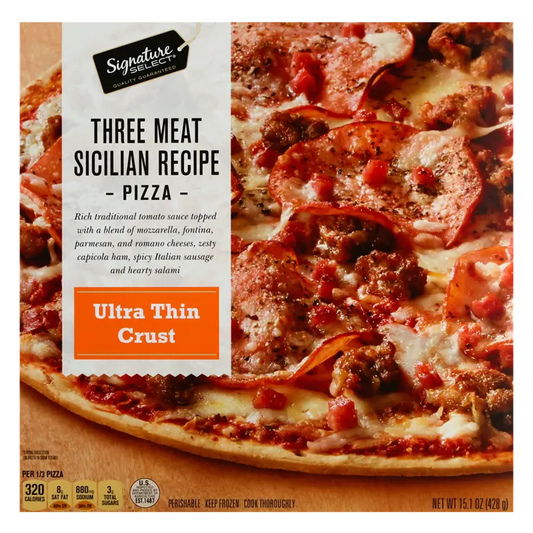Ultra Thin Crust Three Meat Sicilian Recipe Rich Traditional Tomato Sauce Topped with a Blend of Mozzarella