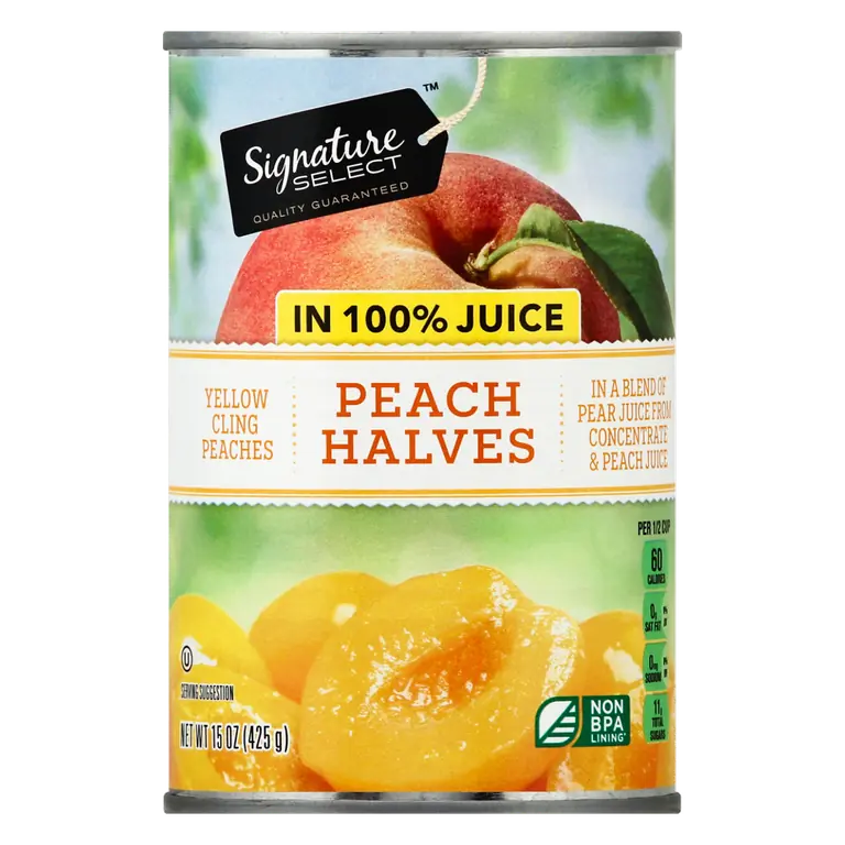 Yellow Cling Peach Halves in a Blend of Pear 100% Juice From Concentrate & Peach Juice
