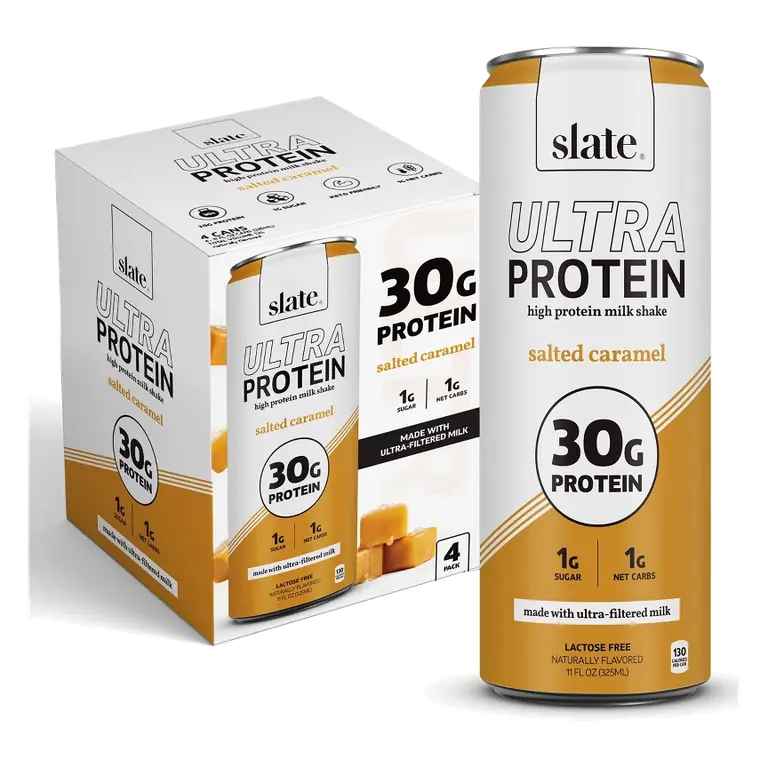 Slate Milk Salted Caramel Ultra 30g Protein Shake Cans, 11 fl oz/4pk: Nutritional Drink, Milk Protein, Non-Caffeinated