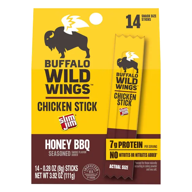 Slim Jim Chicken Jerky Sticks, Buffalo Wild Wings Honey BBQ Flavor, 7g Protein per Serving, 0.28 oz. (14 Count)
