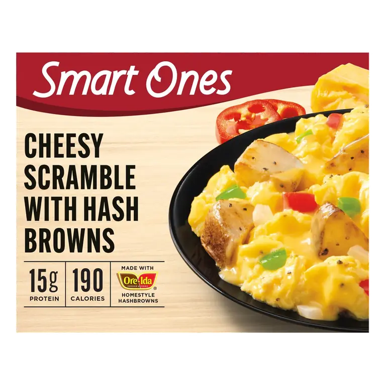 Cheesy Scramble with Hash Browns Scrambled Eggs with Cheddar, Monterey Jack and Reduced Fat Mozzarella Cheeses with a Side of Ore-Ida Homestyle Hash Browns