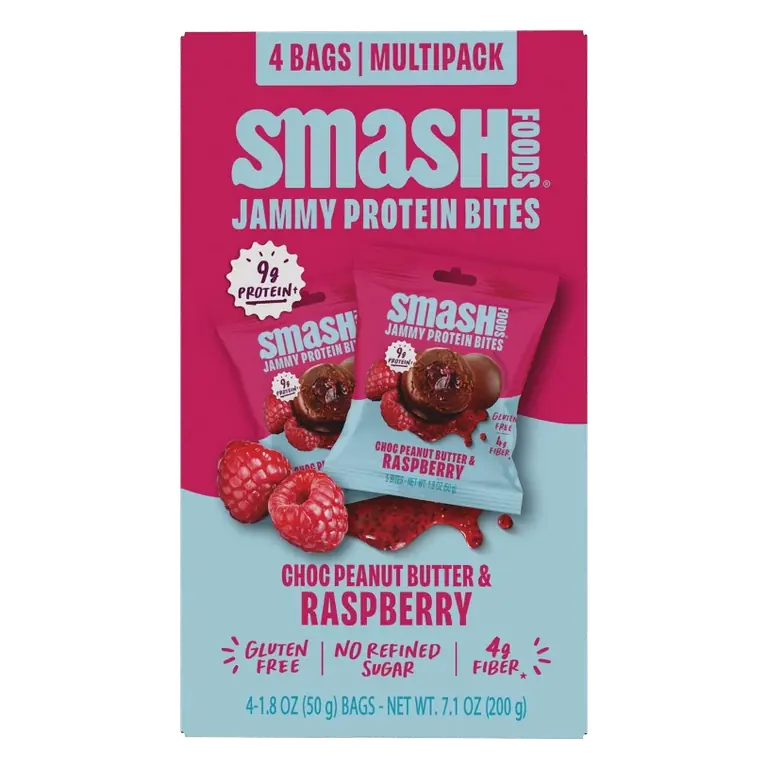 Smash Foods Gluten Free Choc Peanut Butter & Raspberry Jam Protein Bites - 9g Protein - 7.1oz/4pk