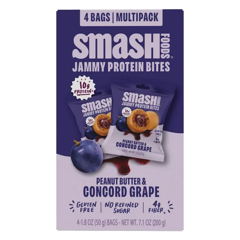 Smash Foods Gluten Free Peanut Butter & Concord Grape Jam Snack Bites Protein Bites - 10g Protein - 7.1oz/4pk