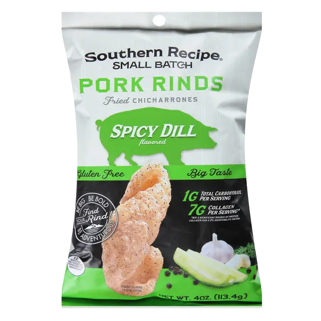 Southern Recipe Small Batch Spicy Dill Flavored Pork Rinds Fried in Sunflower Oil Gluten Free