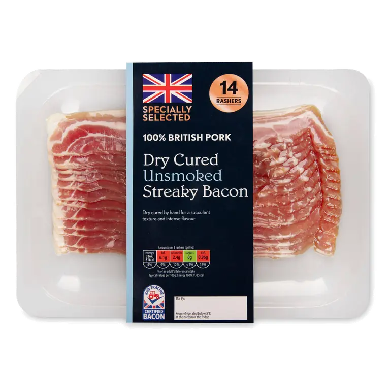 100% British Pork Dry Cured Unsmoked Streaky Bacon 14 Pack