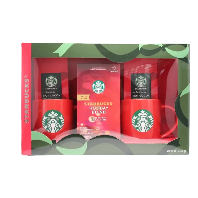 Starbucks Mugs with Holiday Blend Medium Roast Ground Coffee and Cocoa Gift Set, 4.5oz/5pc