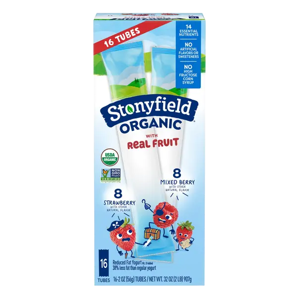 Stonyfield Organic Kids Reduced Fat Yogurt Tubes, Strawberry & Mixed Berry, 2 oz., 16 Ct - Delicious, On-The-Go Snacks for Kids