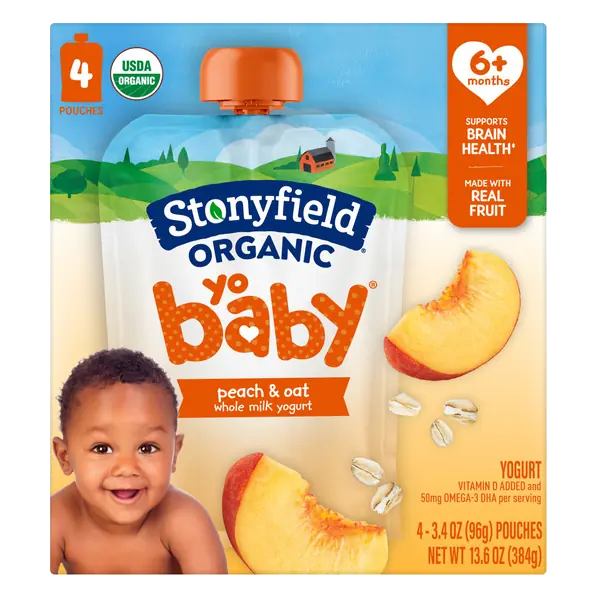 Stonyfield Organic YoBaby No Added Sweeteners Peach & Oat Whole Milk Baby Yogurt, 3.4 oz Pouches, 4 ct Pack