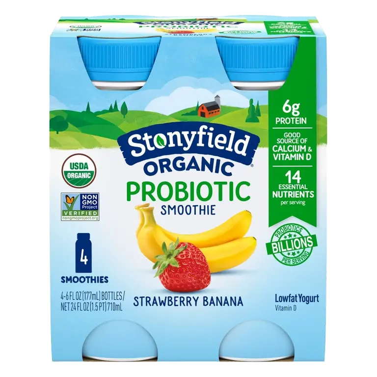 Stonyfield Organic Probiotic Lowfat Strawberry Banana Yogurt Smoothie, 24 fl oz/4ct