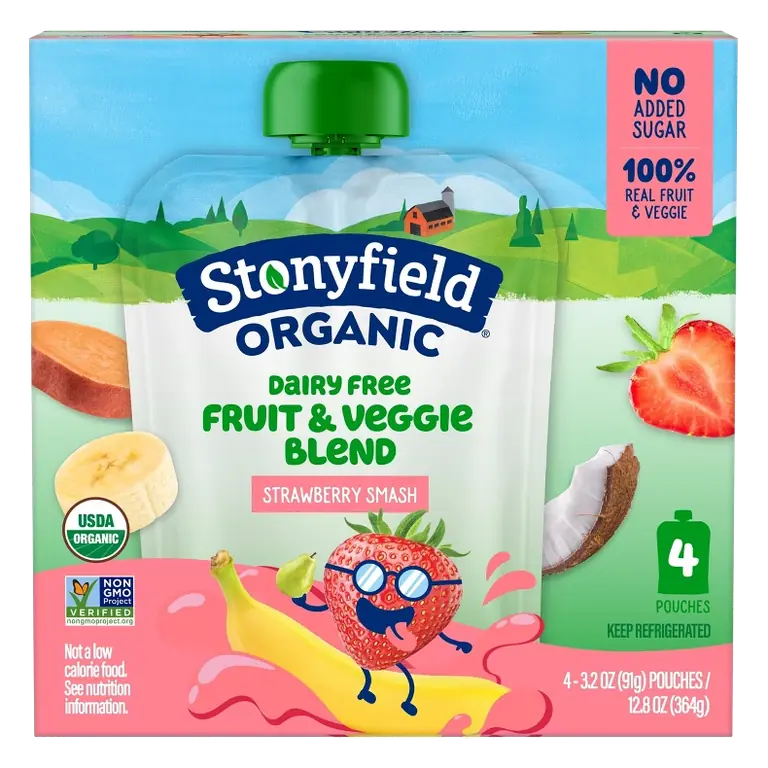 Stonyfield Organic Strawbana Smash Kids' Dairy Free Smoothie, 4ct/3.2oz Pouches