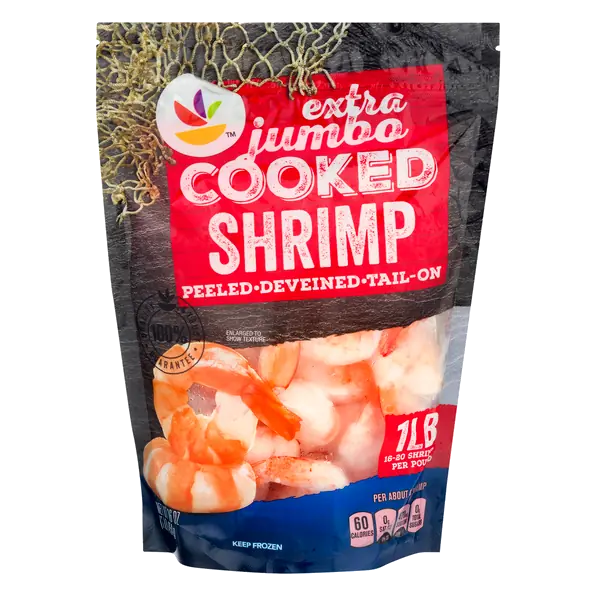 Cooked Tail-On Peeled X-Jumbo Shrimp 16-20 ct per lb Frozen
