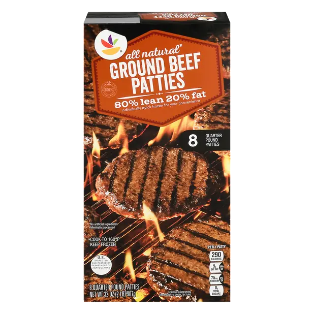 Natural 80% Lean 20% Fat Ground Beef Patties - 8 ct Frozen