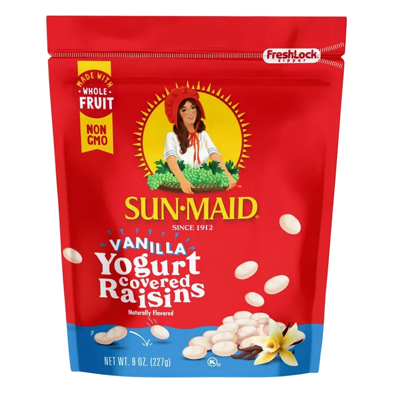 Vanilla Yogurt Covered Raisins 8oz Resealable Stand-Up Bag