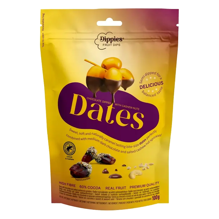 Torkade chokladdoppade dadlar med cashewnötter 100 Gram