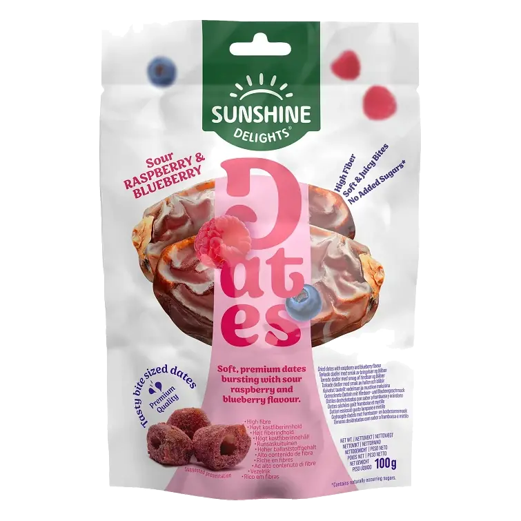 Torkade dadlar med hallon/blåbärssmak 100g