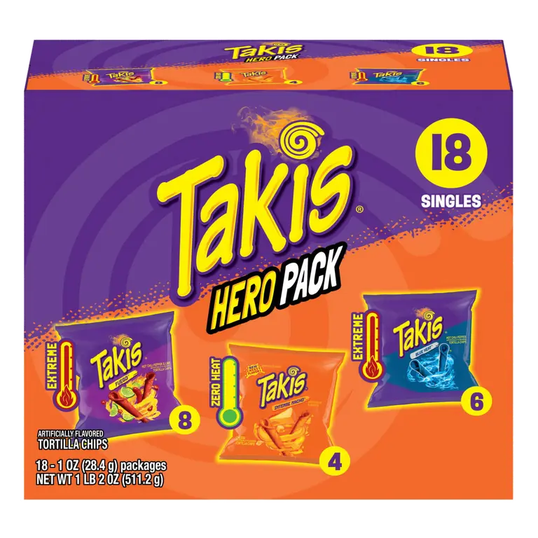 Tortilla Chips Hero Pack, 1 Oz, 18 Count, Takis Fuego: Hot Chili Pepper & Lime, Takis Blue Heat: Hot Chili Pepper; Takis Nacho: Cheese
