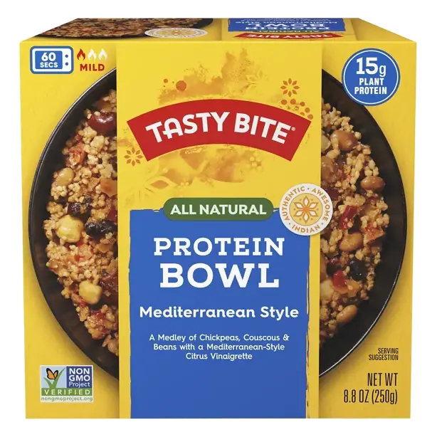 Mediterranean Style Chickpeas & Bean Medley with Couscous, Carrots & Red Bell Pepper with Citrus Basil Vinaigrette Protein Bowl
