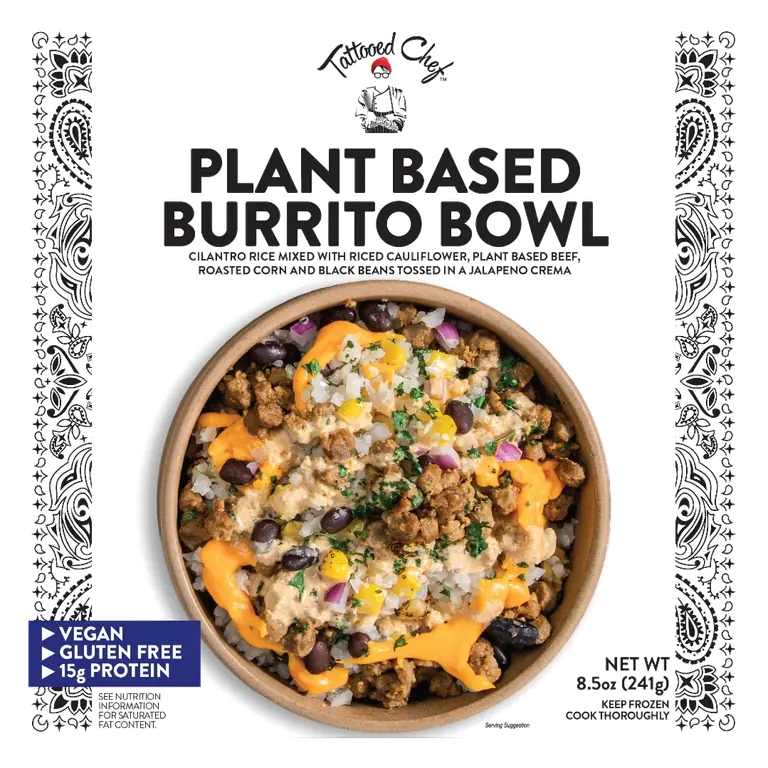 Plant Based Burrito Cilantro Rice Mixed with Riced Cauliflower, Plant Based Beef, Roasted Corn and Black Beans Tossed in a Jalapeno Crema Bowl