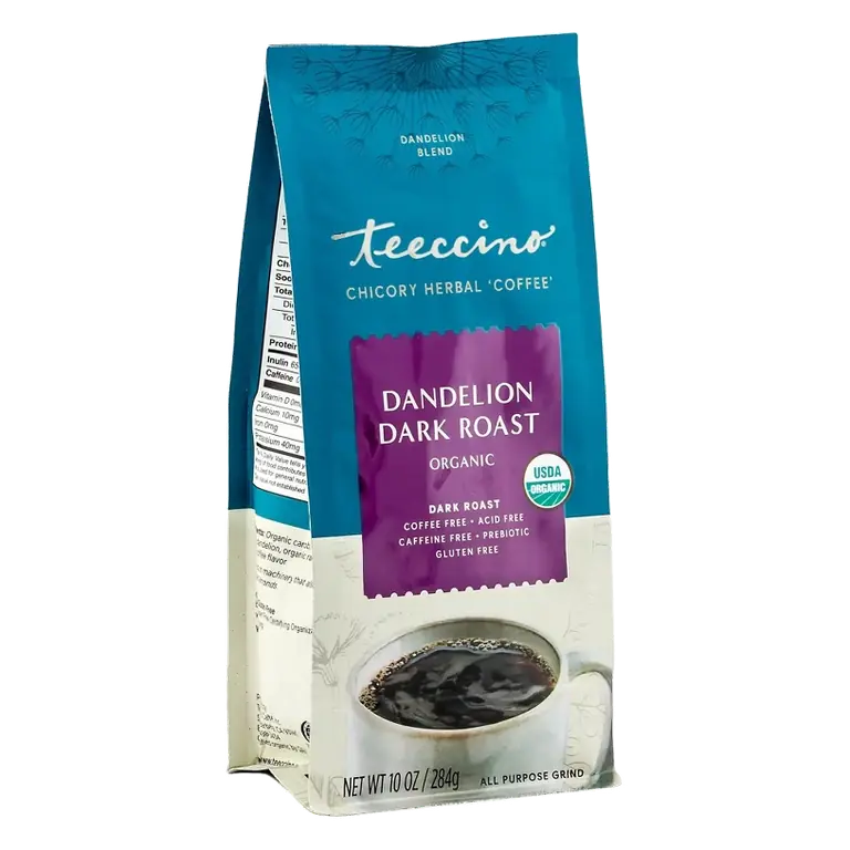 Teeccino Dandelion Dark Roast Herbal Coffee - 10 oz - Caffeine-Free Coffee Alternative with Prebiotics, Gluten Free, Acid Free, Organic