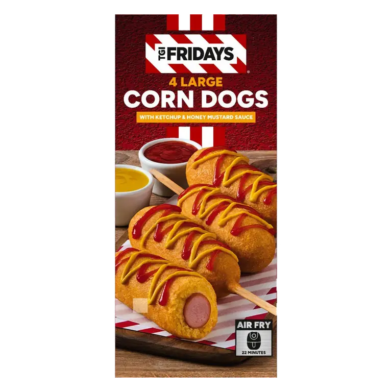 TGI Fridays 4 Large Corn Dogs with Ketchup & Honey Mustard Sauce 400g