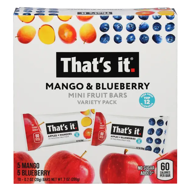 Gluten Free No Sugar Added Mango/Blueberry Mini Fruit Bars 10 ct