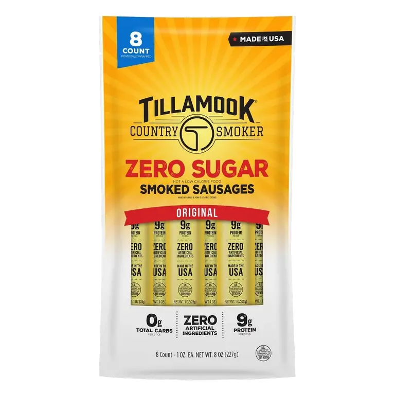 Tillamook Country Smoker Zero Sugar Original Wrapped Sausages Meat Sticks, 8oz